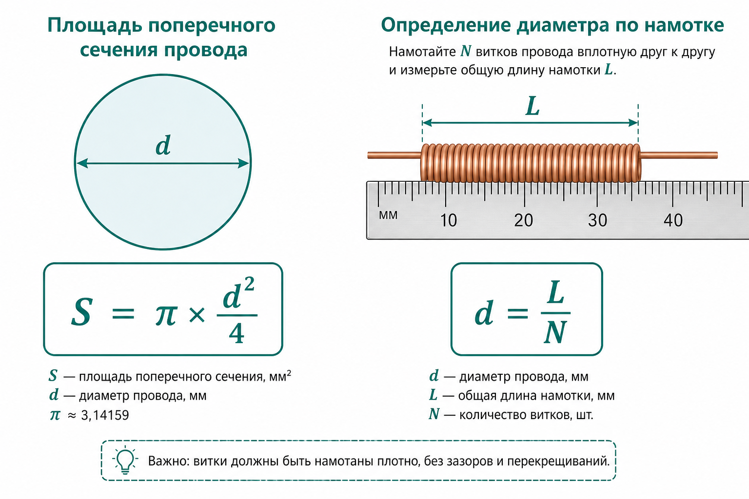Формулы: площадь сечения S = π × d² / 4 и диаметр по намотке d = L / N